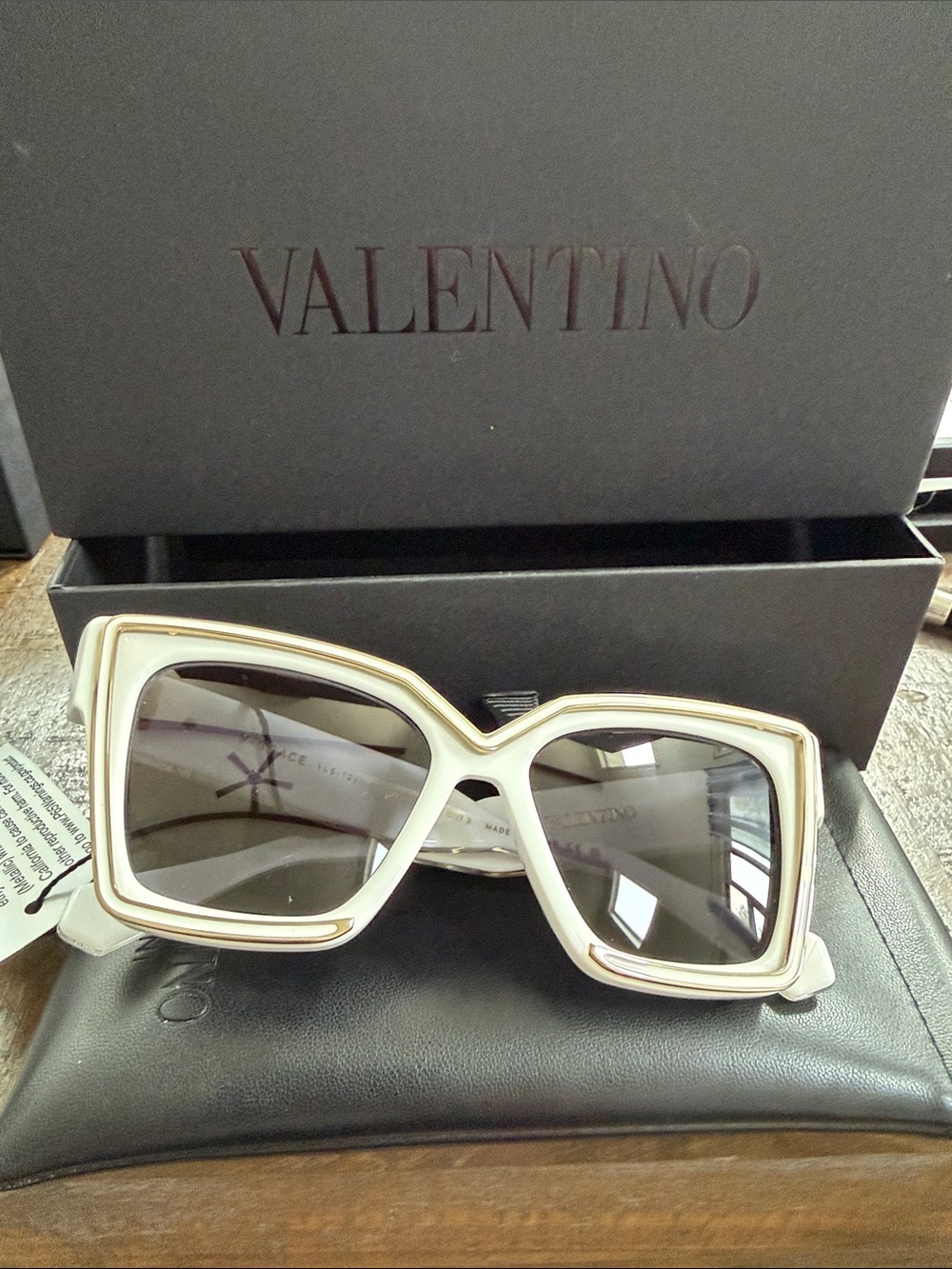 Valentino V-Grace White Oversized Square Sunglasses with Gold Trim
